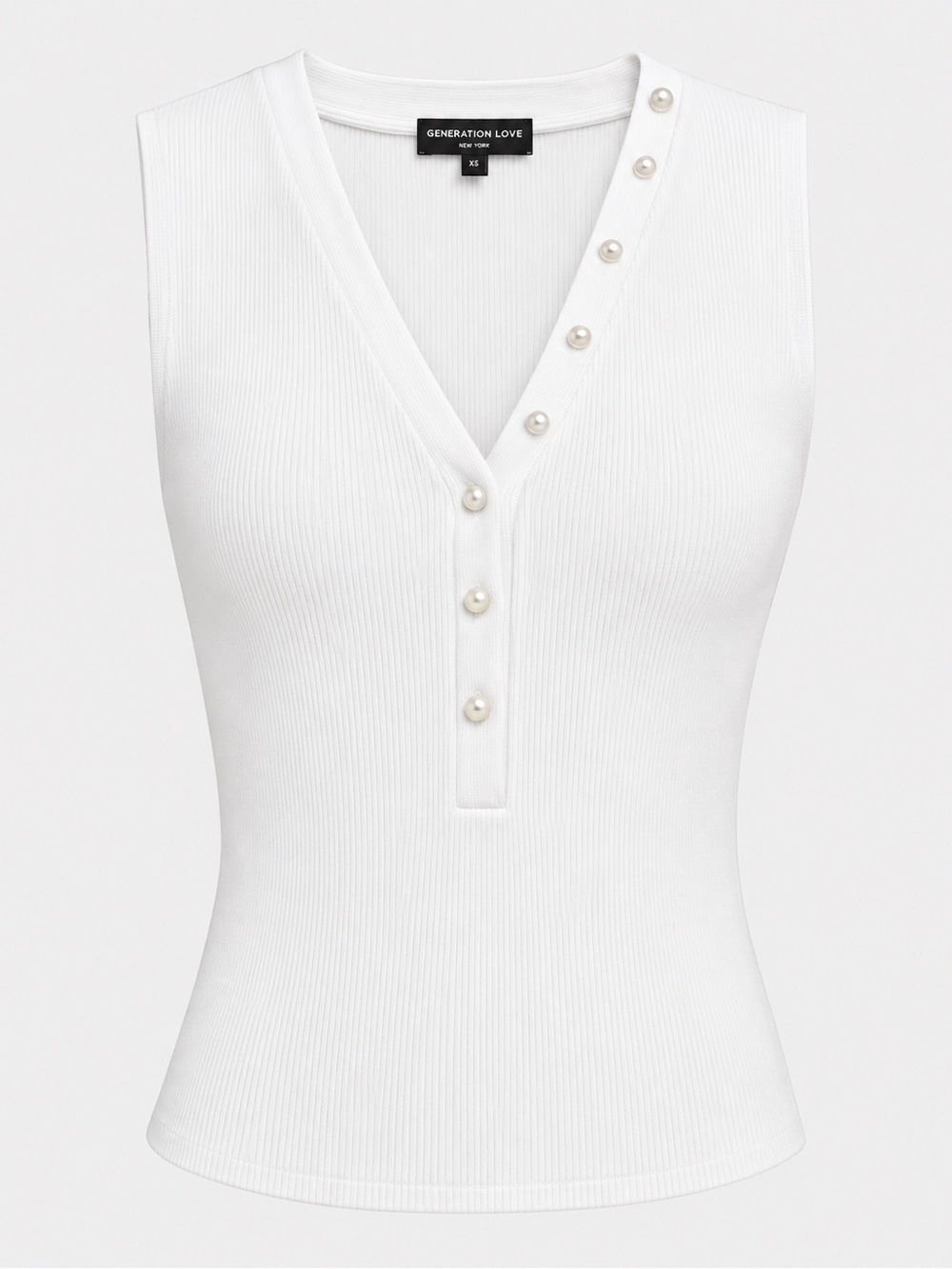 Generation Love White Ribbed V-Neck Tank with Pearl-Button Retail $138